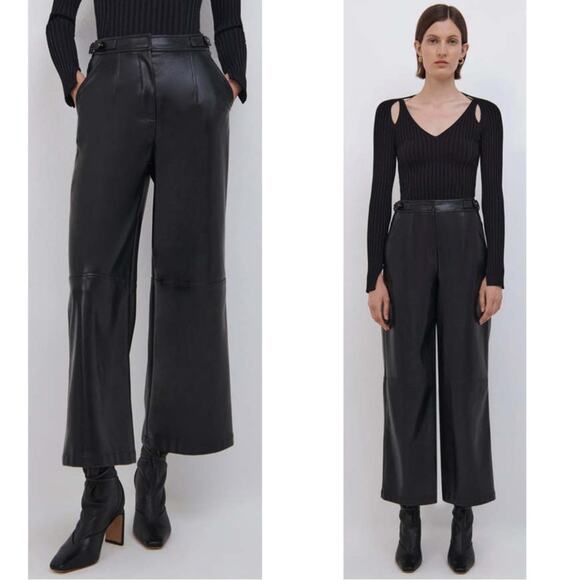 Jonathan Simkhai Jaime Vegan Leather Wide Leg Cropped Black Trouser Size 4
